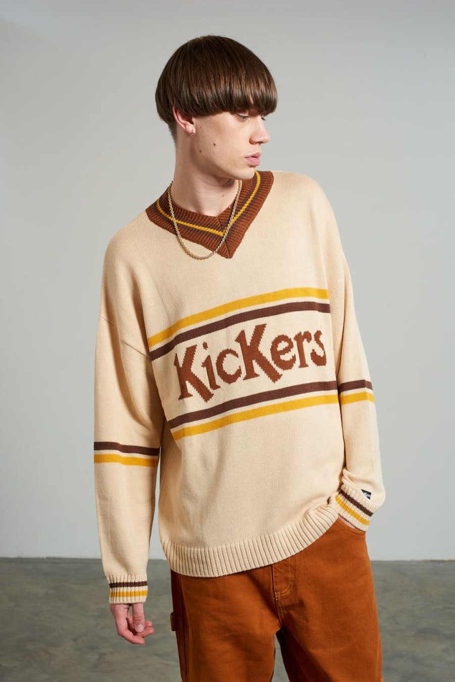 Men'S * | The Ragged Priest New Arrivals Kickers Classics Ecru V-Neck Jumper